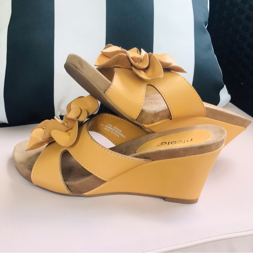 Nicole Mustard Floral Leather Wedge Sandals - Picture 8 of 11